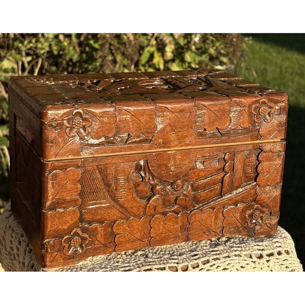 Vintage Hand Carved Camphor Wood Chinese Chest Trinket Jewelry Box